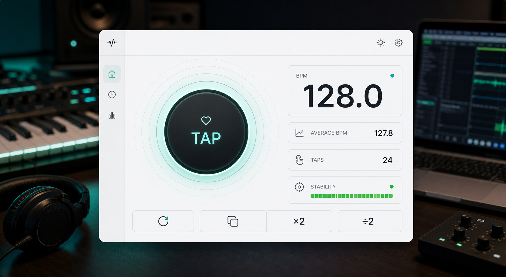 Free online BPM tapper interface showing tap button, BPM, average BPM, taps, stability, reset, copy, x2, and divide by 2 controls